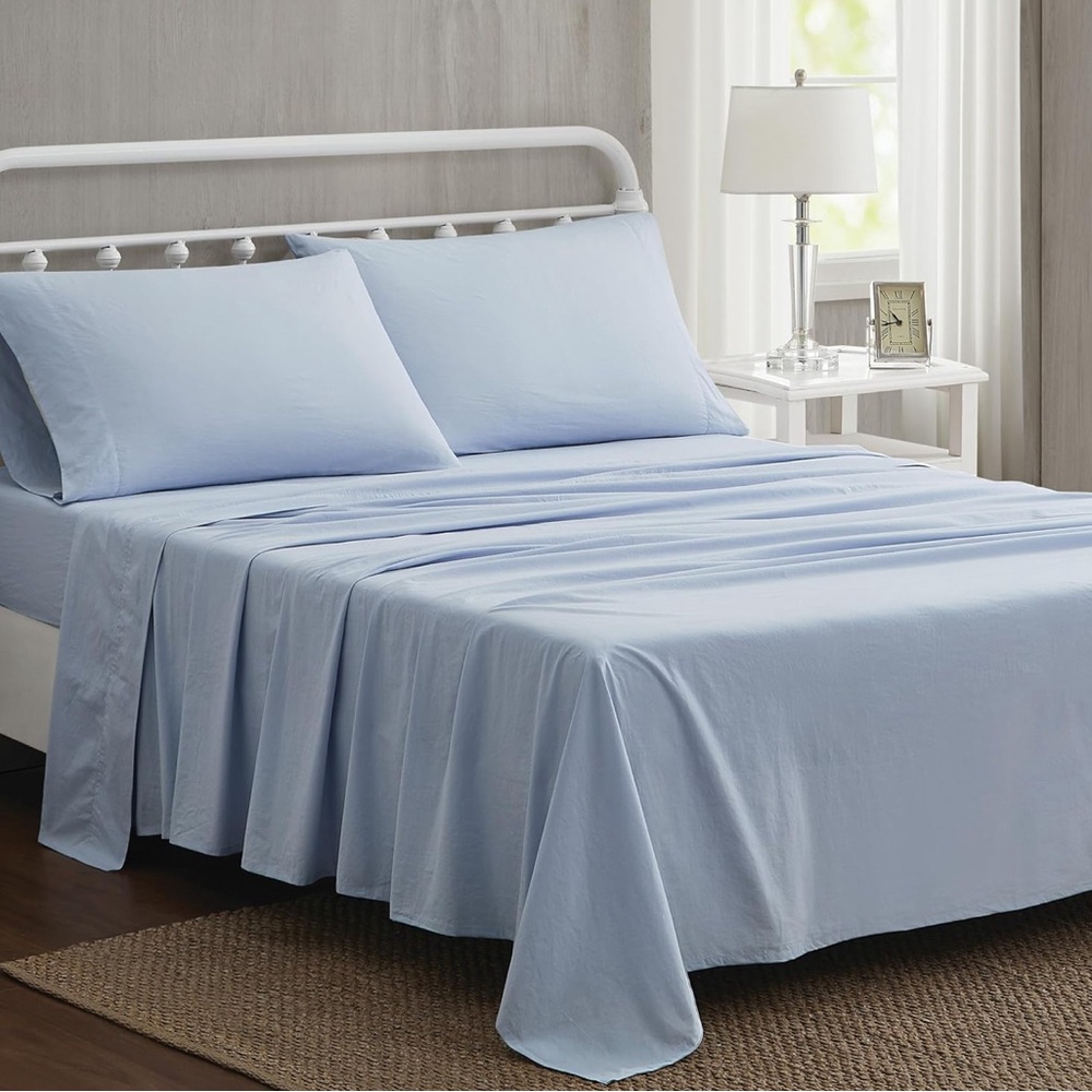Shabby Chic The Farmhouse Rachel Ashwell Cotton Solid Blue QUEEN Sheet Set 4pc